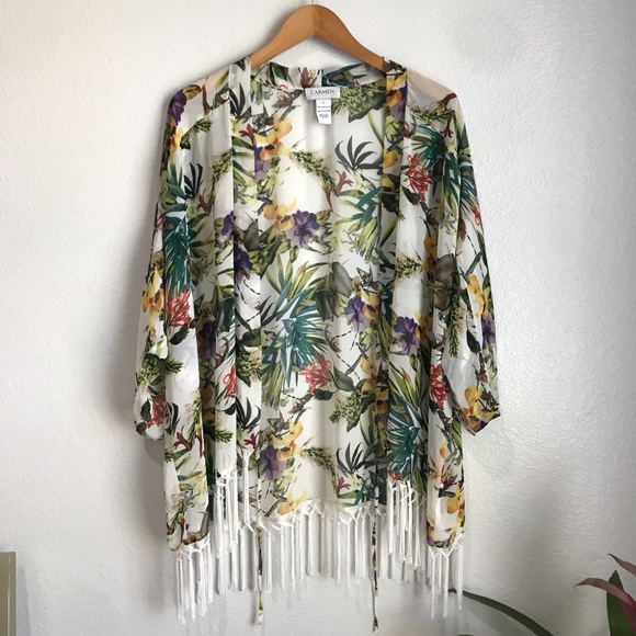 Carmen Marc Valvo Tops - Carmen Marc Valvo Fringe Kimono Sheer Tropical